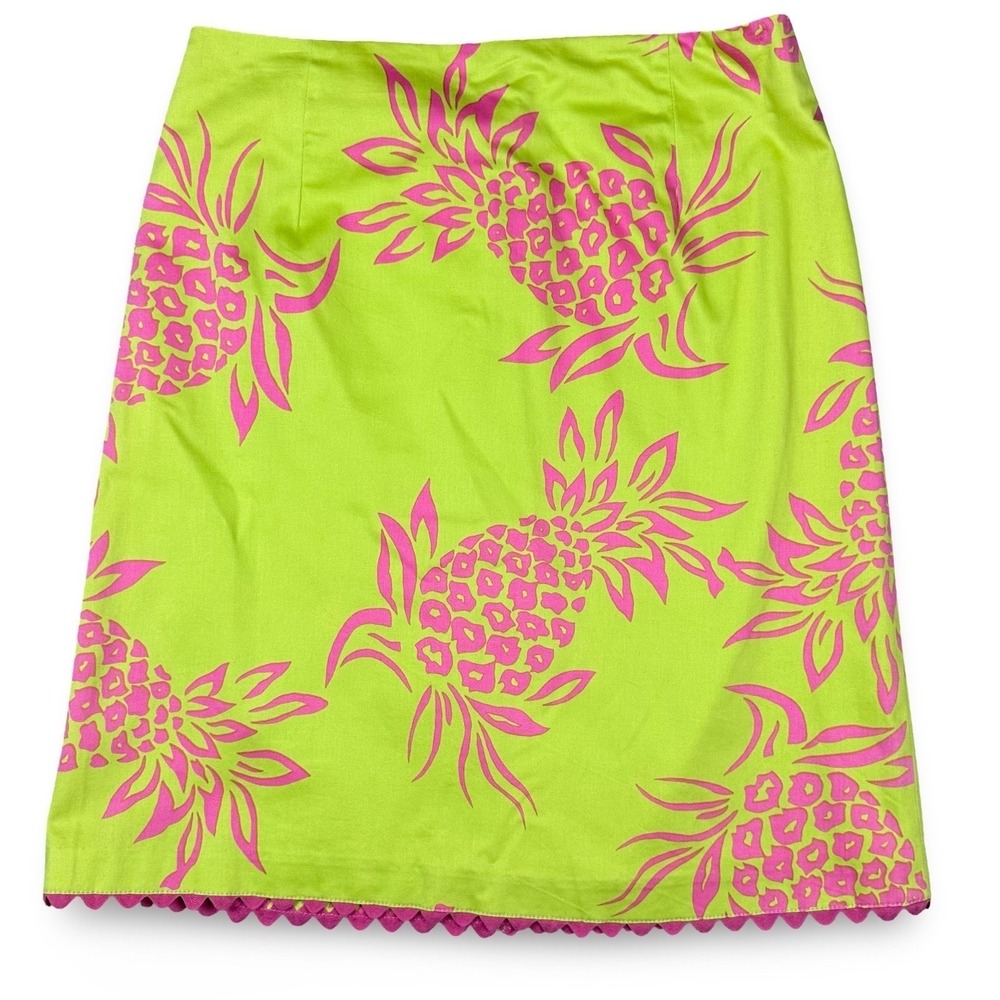 Skirtin Around Pineapple Skirt Women's 8 Lime Pink Cotton Ric Rac Preppy Resort